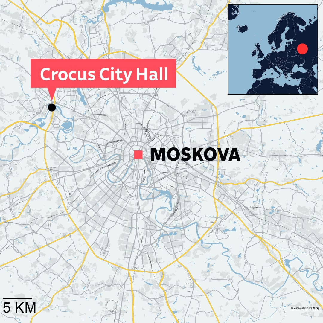 Moskovan kartta, jossa näkyy iskun kohteena ollut Crocus City Hall