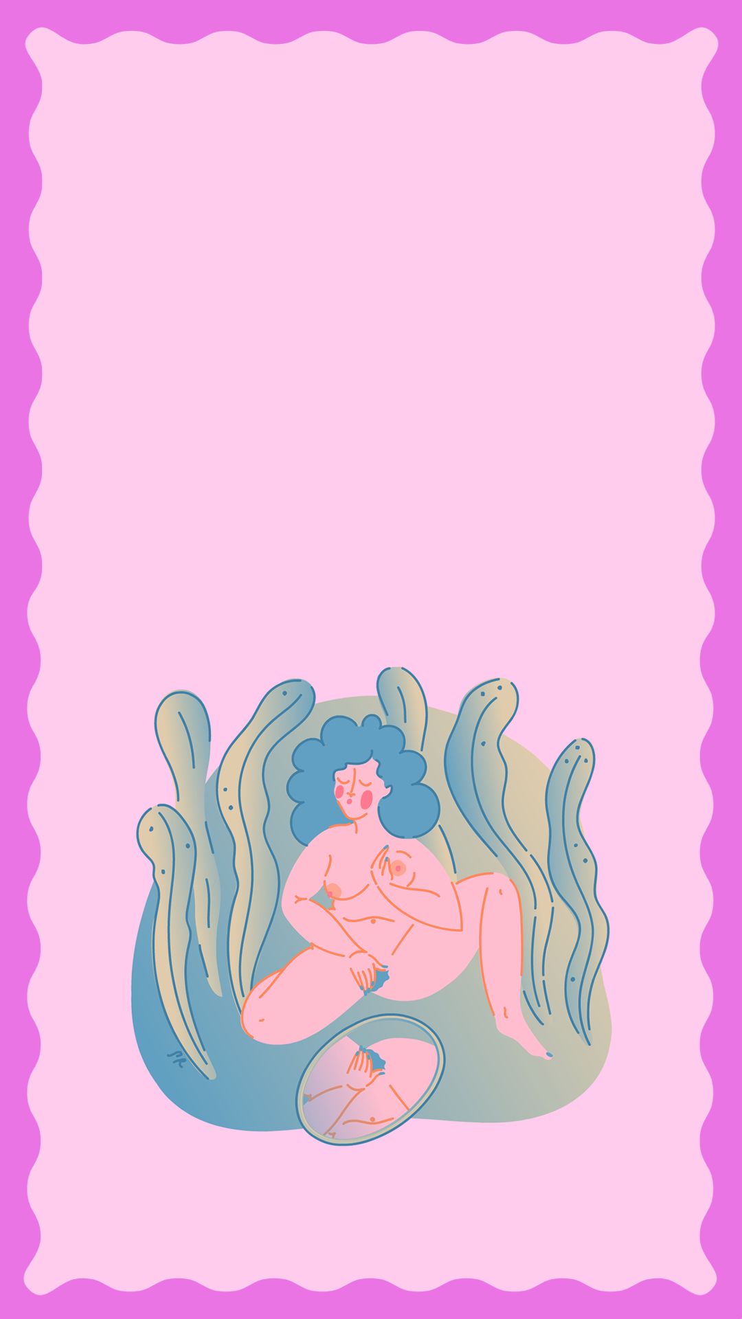 Vaaleanpunaisella pohjalla piirretty kuva henkilöstä, joka katsoo peilillä vulvaansa.