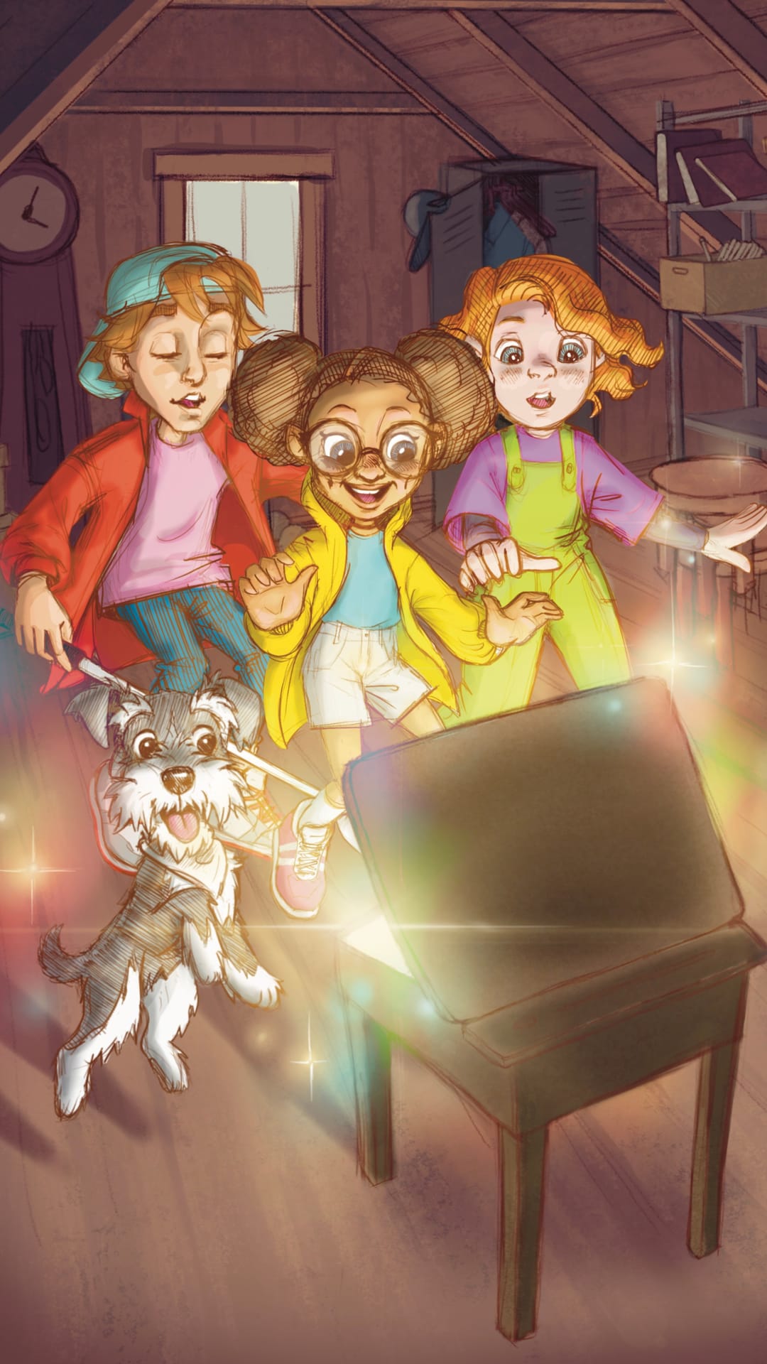 Matikkataikaa-sarjan pääkuva, jossa kolme lasta ja koira avaavat pöydän kannen.