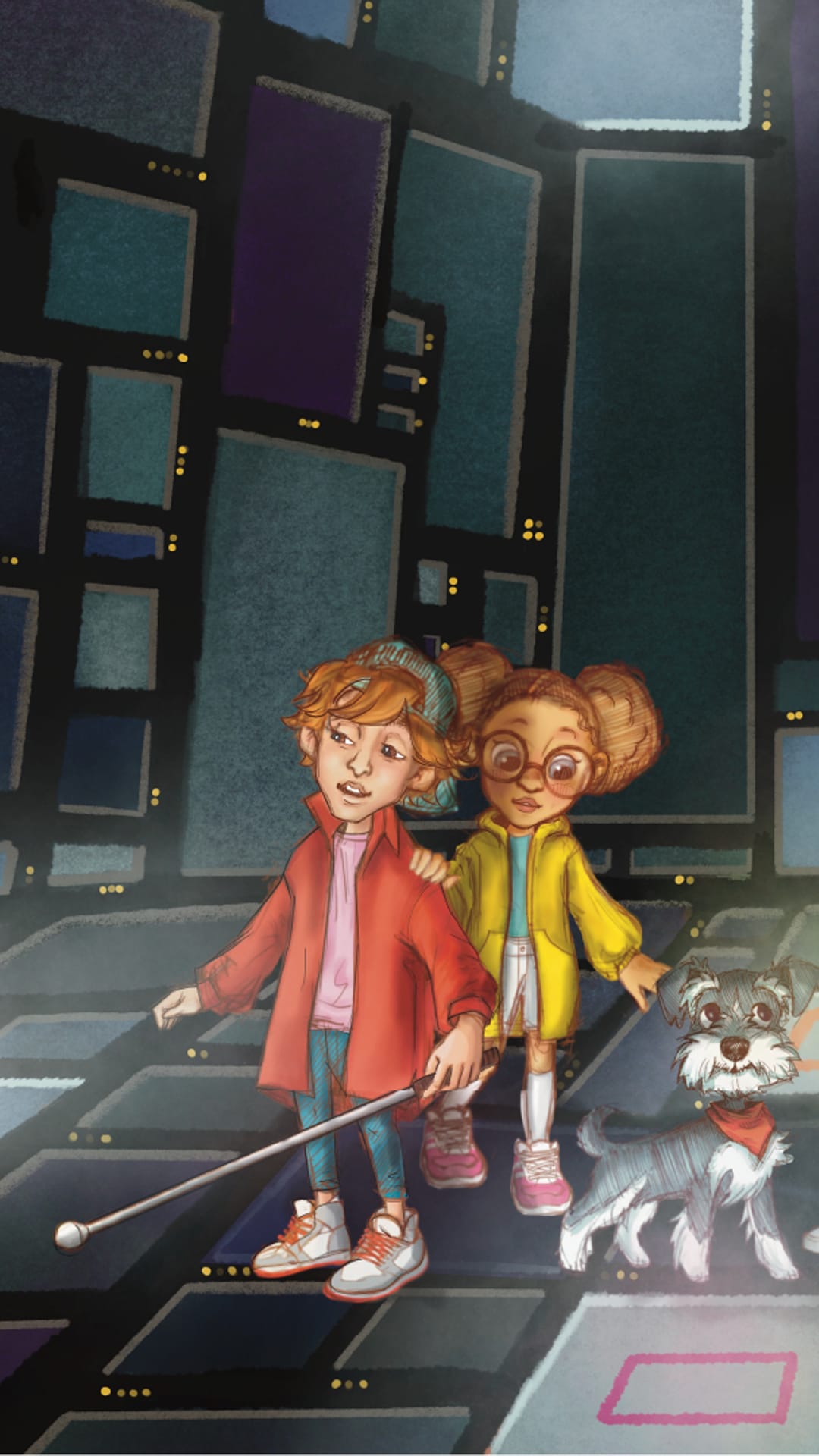 Graafinen kuva, jossa kaksi lasta ja koira kävelevät ruutujen päällä.