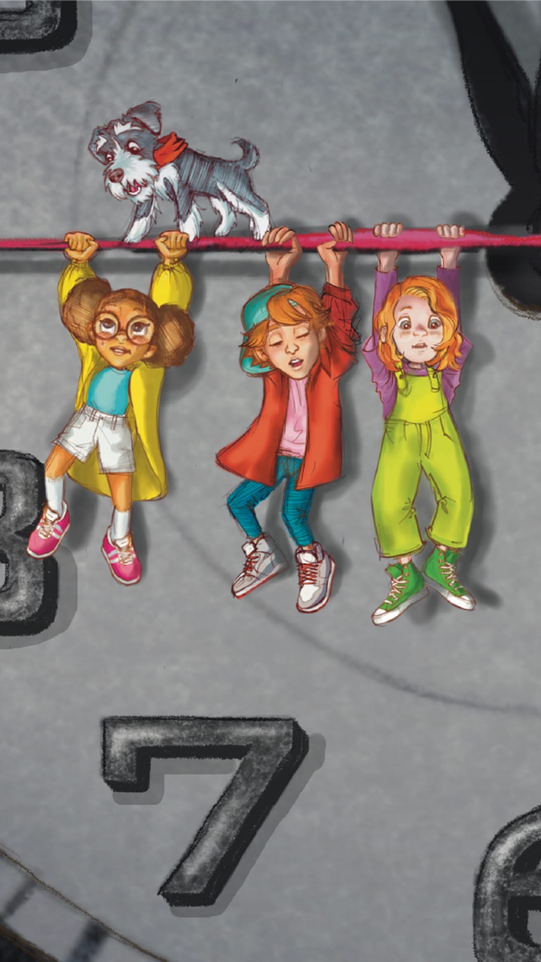 Graafinen kuva, jossa kolme lasta roikkuvat köydestä.