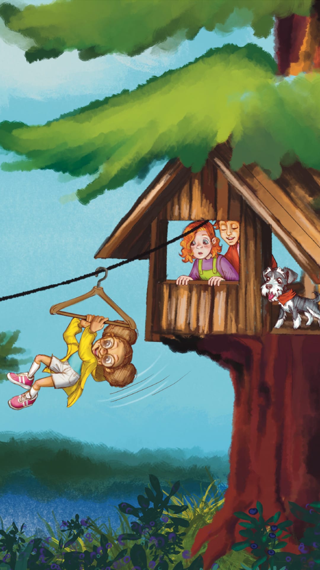 Graafinen kuva, jossa tyttö laskee henkarilla vaijeriliukua.