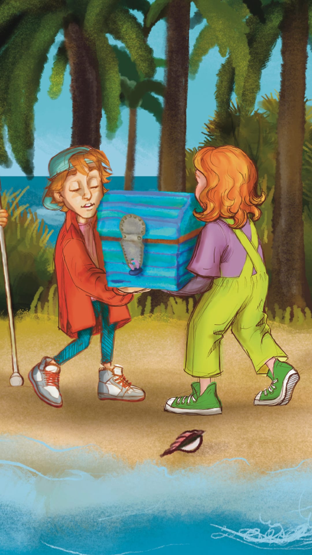 Graafinen kuva, jossa kaksi lasta kantavat arkkua.