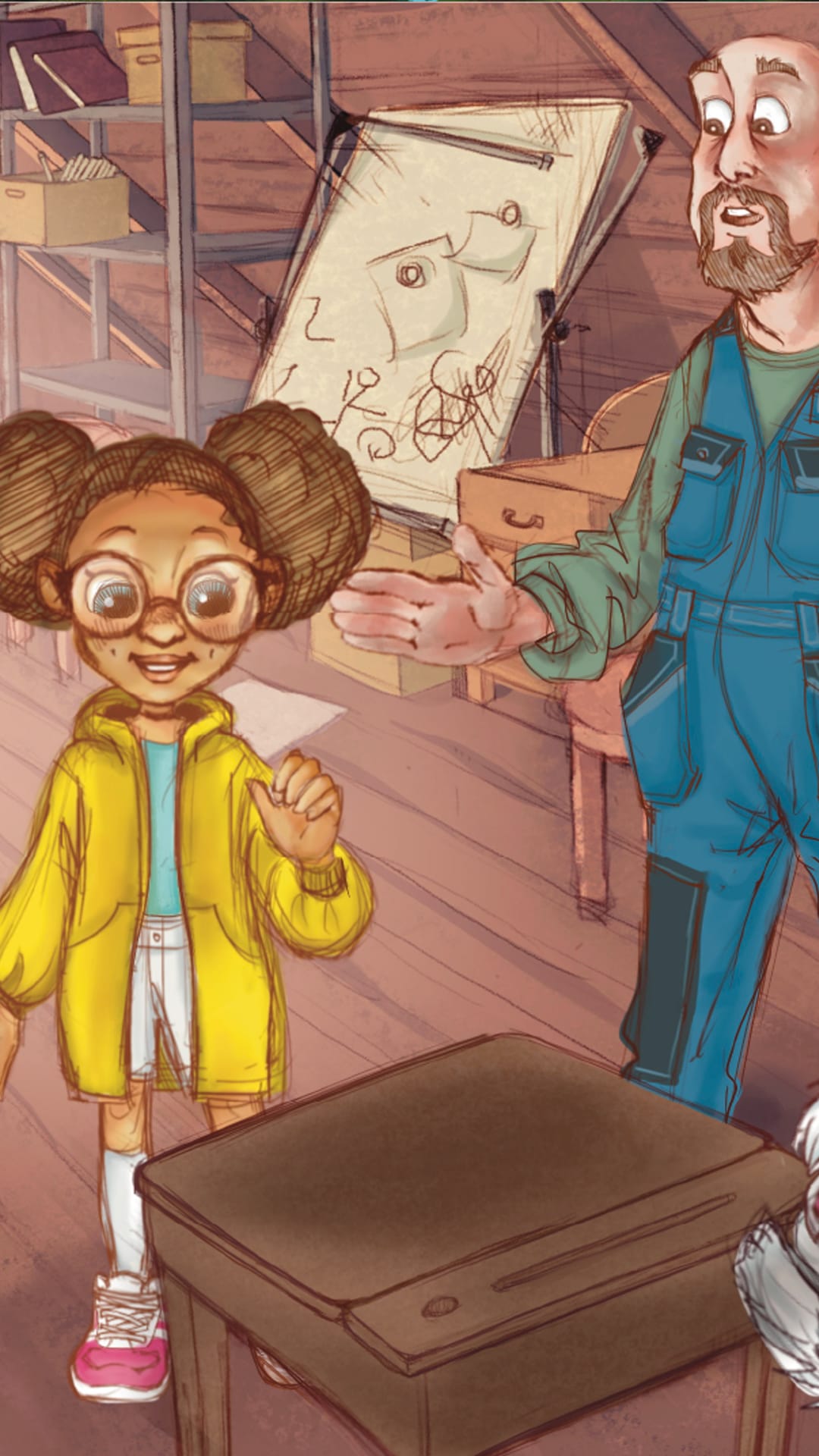 Graafinen kuva, jossa tyttö ja mies katsovat pöytää.